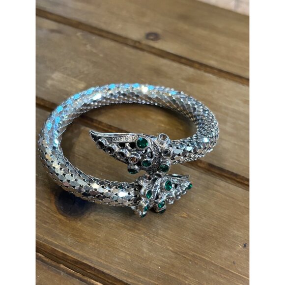 Silver Cobra Head Bracelet With Green Gem Accents & Hinged Design **missing ston - Picture 2 of 10